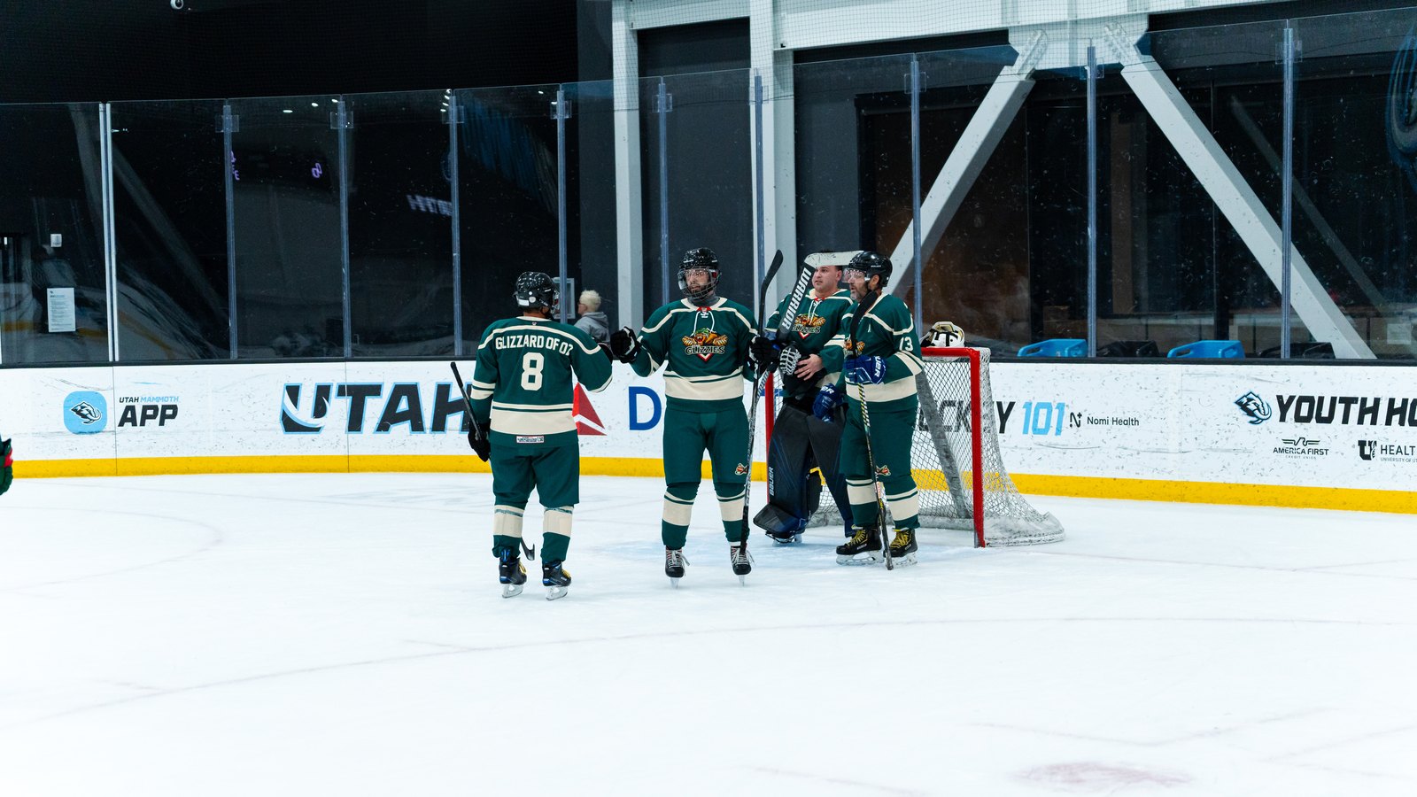 Beer league hockey players celebrating